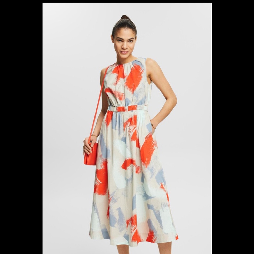EUC Esprit Printed A-Line Poplin Dress Light Beige